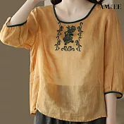 【AMIEE】棉麻刺繡文藝拼色圓領襯衫(KDTY-5808) 2XL 黃色