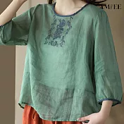 【AMIEE】棉麻刺繡文藝拼色圓領襯衫(KDTY-5808) L 綠色