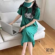 【初色】韓系英文文字印花寬鬆顯瘦圓領短袖長裙中長裙連衣裙連身洋裝-共4色-33852(M-4XL可選) M 綠色