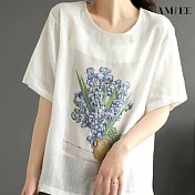 【AMIEE】棉麻民族風印花上衣(KDTY-5809) XL 白色