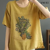 【AMIEE】棉麻民族風印花上衣(KDTY-5809) XL 黃色