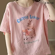 【AMIEE】棉麻文藝寬鬆印花休閒上衣(KDTY-5807) 2XL 粉色