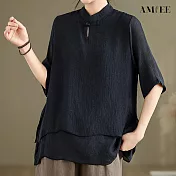 【AMIEE】棉麻中國風立領雙層襯衫(KDTY-8555) M 黑色