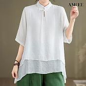 【AMIEE】棉麻中國風立領雙層襯衫(KDTY-8555) M 白色