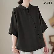 【AMIEE】斜襟棉麻純色休閒襯衫上衣(KDTY-7157) XL 黑色