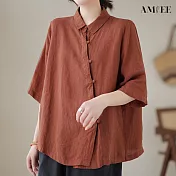 【AMIEE】斜襟棉麻純色休閒襯衫上衣(KDTY-7157) XL 桔色