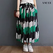 【AMIEE】復古寬鬆顯瘦鬆緊腰半身裙(KDSY-5584) XL 綠色幾何裙