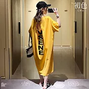 【初色】韓系字母印花圓領五分短袖露背中長裙連衣裙連身洋裝-共3色-33863(M-4XL可選) 2XL 黃色
