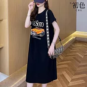 【初色】韓系字母汽車印花圓領短袖中長裙連衣裙連身洋裝-共2色-33866(M-4XL可選) 4XL 黑色