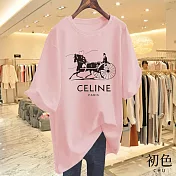 【初色】休閒韓版寬鬆顯瘦馬車印花遮肉短袖T恤上衣-共10色-33896(M-3XL可選) M 粉紅色