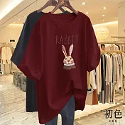 【初色】兔子印花圓領寬鬆顯瘦休閒短袖T恤上衣-共10色-33904(M-4XL可選) M 酒紅色