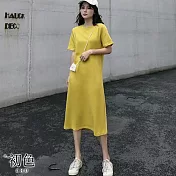 【初色】純色長版直筒T恤上衣短袖連身裙洋裝-共4色-33921(M-2XL可選) L 黃色