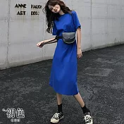 【初色】純色長版直筒T恤上衣短袖連身裙洋裝-共4色-33921(M-2XL可選) L 藍色