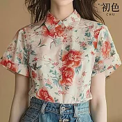 【初色】中國風花卉復古印花翻領短袖襯衫上衣女上衣-花色-33943(M-2XL可選) M 花色