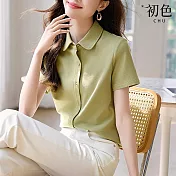 【初色】純色翻領短袖單排扣襯衫上衣女上衣-共3色-33952(M-2XL可選) L 綠色