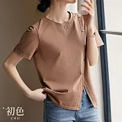 【初色】純色下擺開叉不規則拼接圓領短袖T恤上衣女上衣-咖啡色-33953(M-2XL可選) L 咖啡色