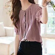 【初色】純色壓褶圓領短袖泡泡袖襯衫上衣女上衣-紫色-33967(M-2XL可選) L 紫色