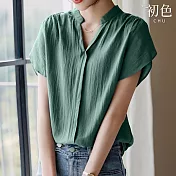 【初色】純色寬鬆立領不規則短袖襯衫上衣女上衣-綠色-33969(M-2XL可選) L 綠色