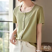 【初色】清涼感簡約方領撞色貝殼繡短袖襯衫上衣女上衣-綠色-33970(M-2XL可選) L 綠色