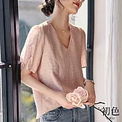 【初色】清涼感輕薄簡約V領天絲肌理紋短袖T恤上衣女上衣-共2色-33978(M-2XL可選) XL 粉色