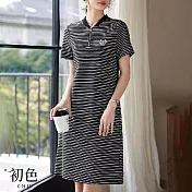 【初色】微立領撞色條紋刺繡短袖連衣裙連身洋裝長洋裝-黑白條紋-33979(M-2XL可選) M 黑白條紋