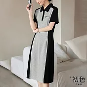 【初色】拼接撞色襯衫領修身直筒連身裙短袖連身洋裝-灰黑色-33980(M-2XL可選) M 灰黑色