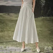 【初色】清涼感簡約棉麻風彈性腰圍波浪形拼接中長裙半身裙-白色-33994(M-XL可選) M 白色