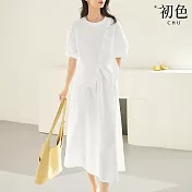 【初色】新中式圓領五分短袖T恤上衣女上衣+鬆緊腰半身裙洋裝長洋裝套裝-共2色-34040(M-2XL可選) M 白色