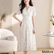 【MsMore】 茶歇法式碎花連身裙V領短袖氣質顯瘦長版洋裝# 121567 L 白色
