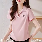【MsMore】 純棉polo領短袖v領帶領翻領爆款短袖短版上衣# 121655 L 粉紅色