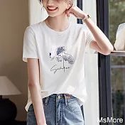 【MsMore】 休閒簡約白色短袖印花T恤新款百搭修身顯廋短版上衣# 121737 M 白色