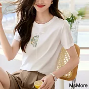 【MsMore】 新中式白色刺繡T恤圓領百搭時髦氣質休閒T恤短版上衣# 121738 M 白色