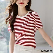 【MsMore】 撞色條紋短袖繡花時髦圓領百搭T恤短版上衣# 121739 M 紅色