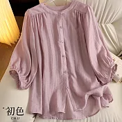 【初色】純色圓領七分短袖上衣輕薄襯衫女上衣共2色-34477(M-2XL可選) L 紫色