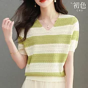 【初色】寬鬆顯瘦條紋V領針織衫T恤上衣女上衣-共3色-34498(F可選) F 綠色