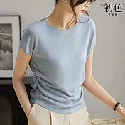 【初色】純色簡約圓領針織短袖側邊抽皺抽褶T恤針織衫上衣女上衣-共5色-34501(F可選) F 藍色
