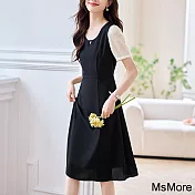 【MsMore】 法式赫本風方領黑色拼接短袖連身裙顯瘦高腰氣質長洋裝# 121766 M 黑色