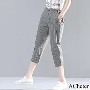 【ACheter】 薄款棉麻感七分褲大碼顯瘦寬鬆條紋蘿蔔哈倫休閒褲# 121806 XL 黑白色