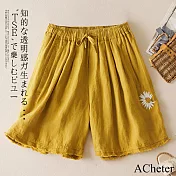 【ACheter】 薄款復古雛菊刺繡短褲系帶鬆緊闊腿褲顯瘦休閒五分褲# 121873 XL 黃色