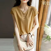 【初色】純色V領短袖金屬扣針織衫T恤上衣女上衣-黃色-34508(F可選) F 黃色