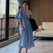 【ACheter】 方領格子連身裙寬鬆復古洋氣過膝泡泡短袖長版洋裝# 121879 XL 藍色