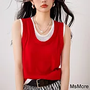 【MsMore】 假兩件U領小吊帶背心設計感無袖短版上衣# 121912 FREE 紅色