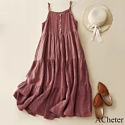 【ACheter】 棉麻感蛋糕裙吊帶連身裙沙灘休閒渡假長版洋裝# 121928 XL 紅色