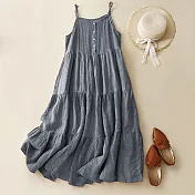 【ACheter】 棉麻感蛋糕裙吊帶連身裙沙灘休閒渡假長版洋裝# 121928 M 藍色