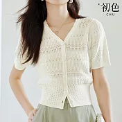 【初色】法式純色V領鏤空針織短袖收腰顯瘦針織衫上衣女上衣-米白色-34515(F可選) F 米白色
