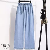 【初色】純色高腰綁繩休閒牛仔褲寬褲長褲-共2色-34523(M-4XL可選) L 淺藍色