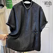 【初色】新中式寬鬆圓領五分短袖T恤上衣女上衣-共2色-34535(M-XL可選) M 黑色