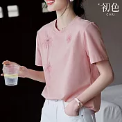 【初色】休閒風煙火刺繡圓領短袖T恤上衣女上衣-粉色-34537(M-3XL可選) M 粉色