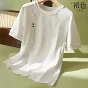 【初色】新中式暗紋圓領短袖盤扣掛飾T恤上衣女上衣-白色-34540(M-3XL可選) M 白色