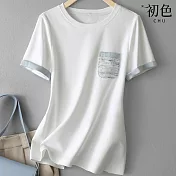 【初色】休閒簡約圓領拼接小香風設計感短袖寬鬆T恤上衣女上衣-白色-34547(M-3XL可選) M 白色